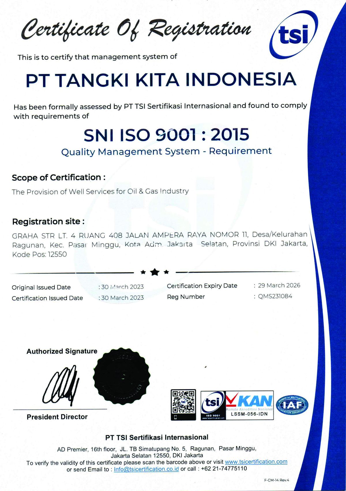 SNI ISO 9001:2015 certificate of registration of PT Tangki Kita Indonesia